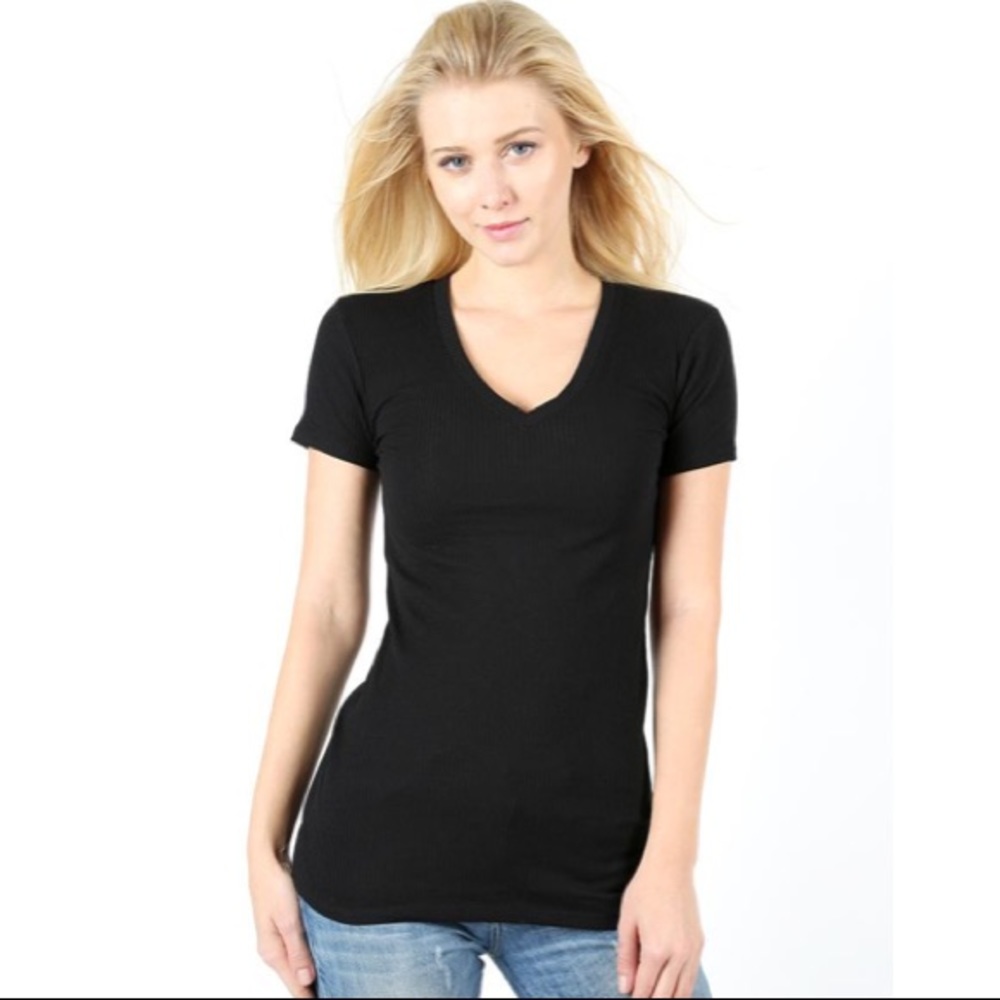 Black STRETCHY/SOFT ribbed v neck tee shirt.